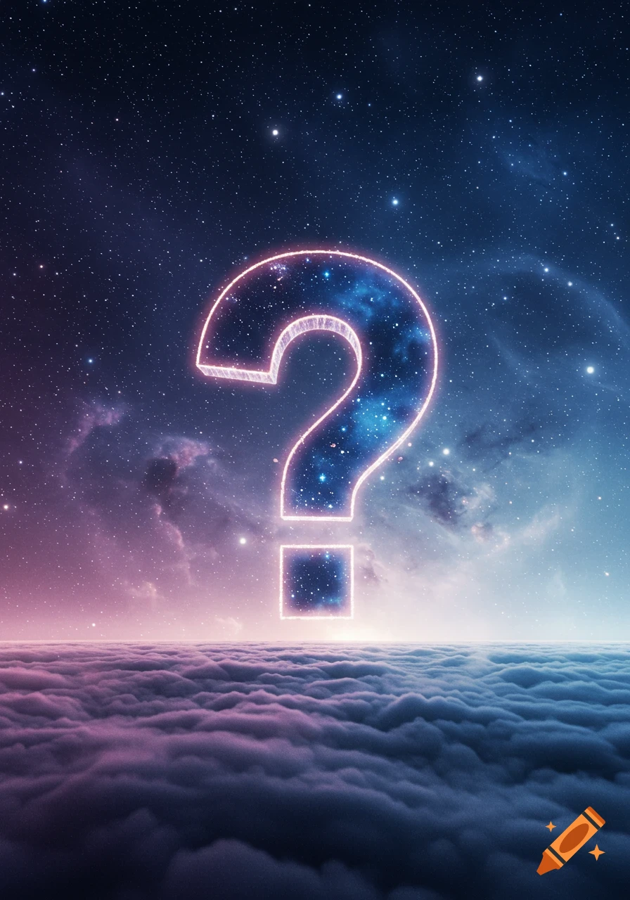 A large, glowing question mark symbol floats above a layer of clouds, set against a starry cosmic sky with pink and blue nebulae.