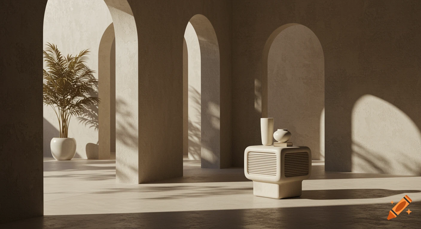 Minimalist interior with multiple arches, a potted plant, and a modern side table with vases in neutral tones, lit by natural light.