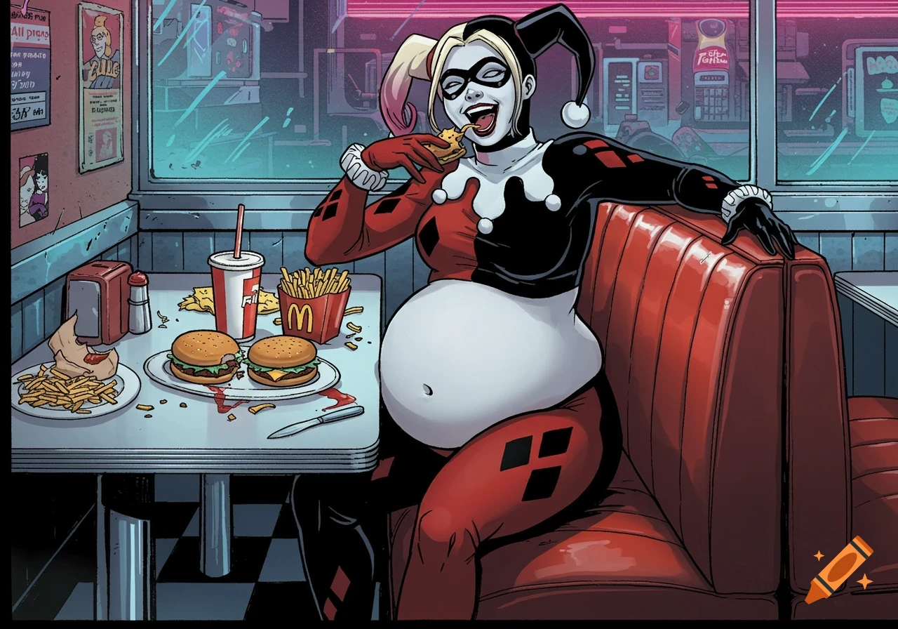Harley Quinn, in a diner, sitting at a booth with a large, full belly, eating a hamburger and surrounded by fast food.