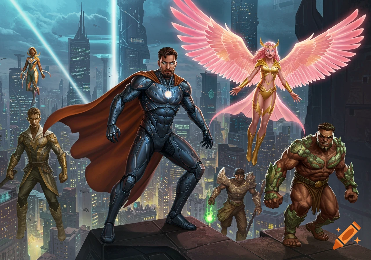 A team of diverse superheroes, including a man in a dark suit and red cape, and a winged woman, stand on a futuristic city rooftop.