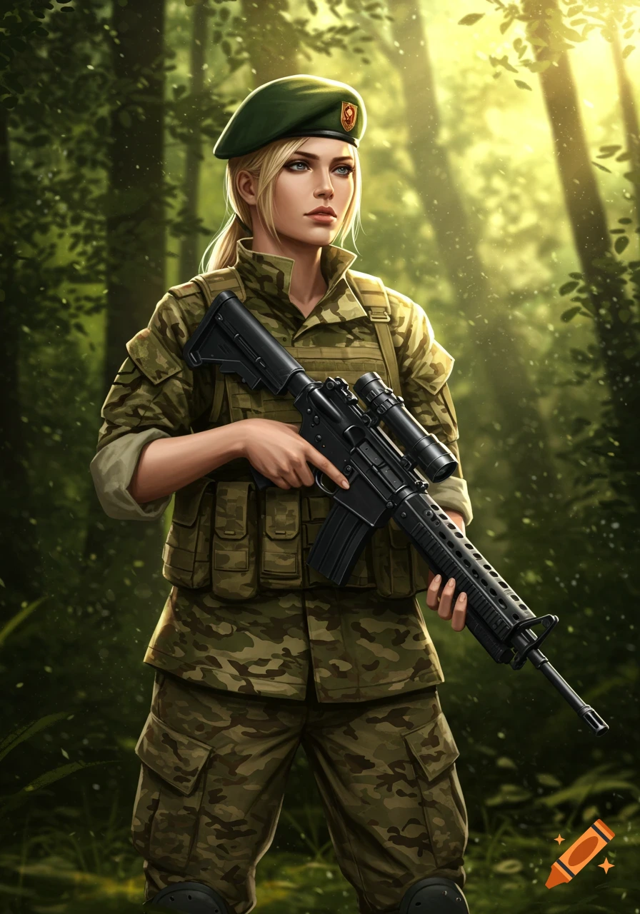 Blonde woman in military fatigues and green beret holding a rifle in a sunlit forest, digital art.