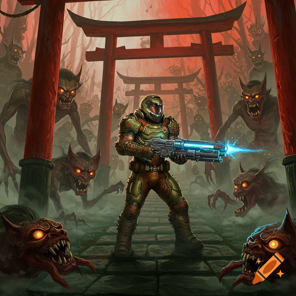 The Doom Slayer stands armed in a red-hued forest with torii gates, surrounded by glowing-eyed demonic yokai. Digital illustration.
