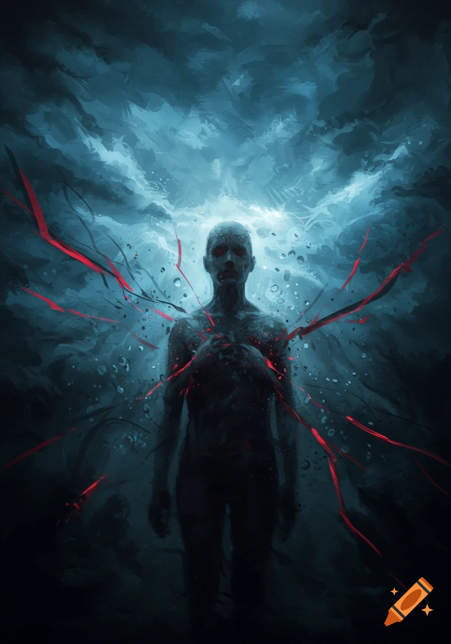 An abstract painting of a dark, shadowy figure with red eyes and red tendrils emerging from its chest, against a stormy blue background.