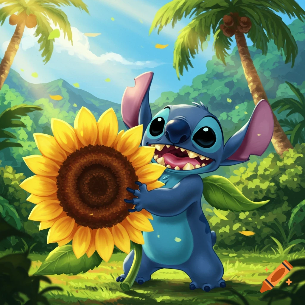 Stitch, the blue alien, happily holds a large yellow sunflower in a vibrant, sunny jungle.