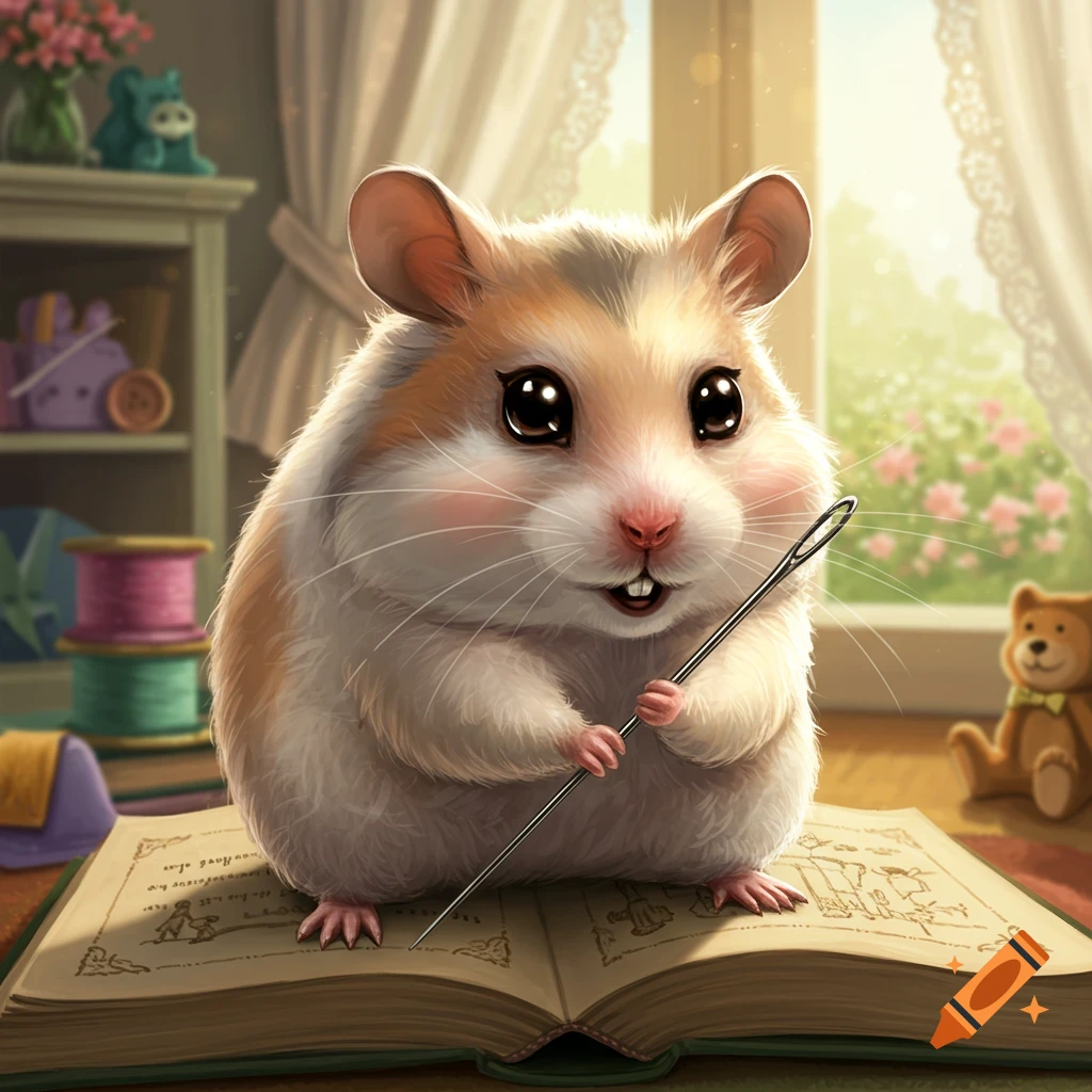 A cute, fluffy hamster with big eyes sits on an open book, holding a sewing needle in an illustrative style.