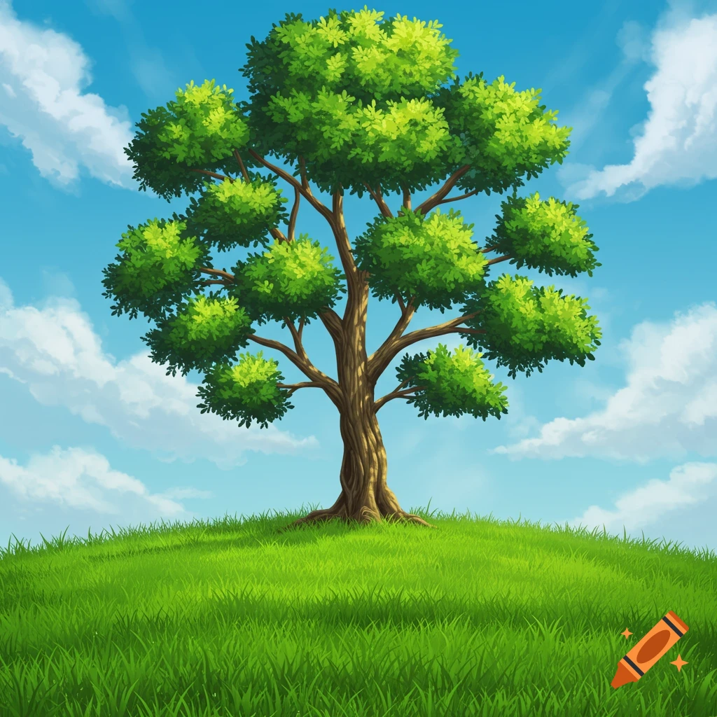 A cartoon illustration of a large green tree on a grassy hill under a blue sky with white clouds.