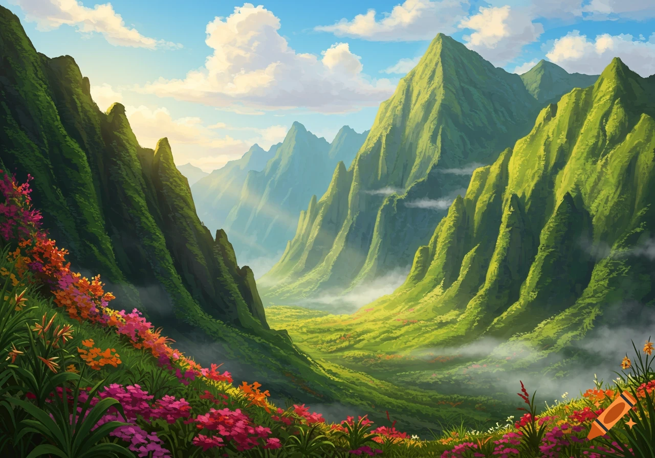 Vibrant digital painting of a lush green mountain valley filled with colorful tropical flowers under a sunny sky.