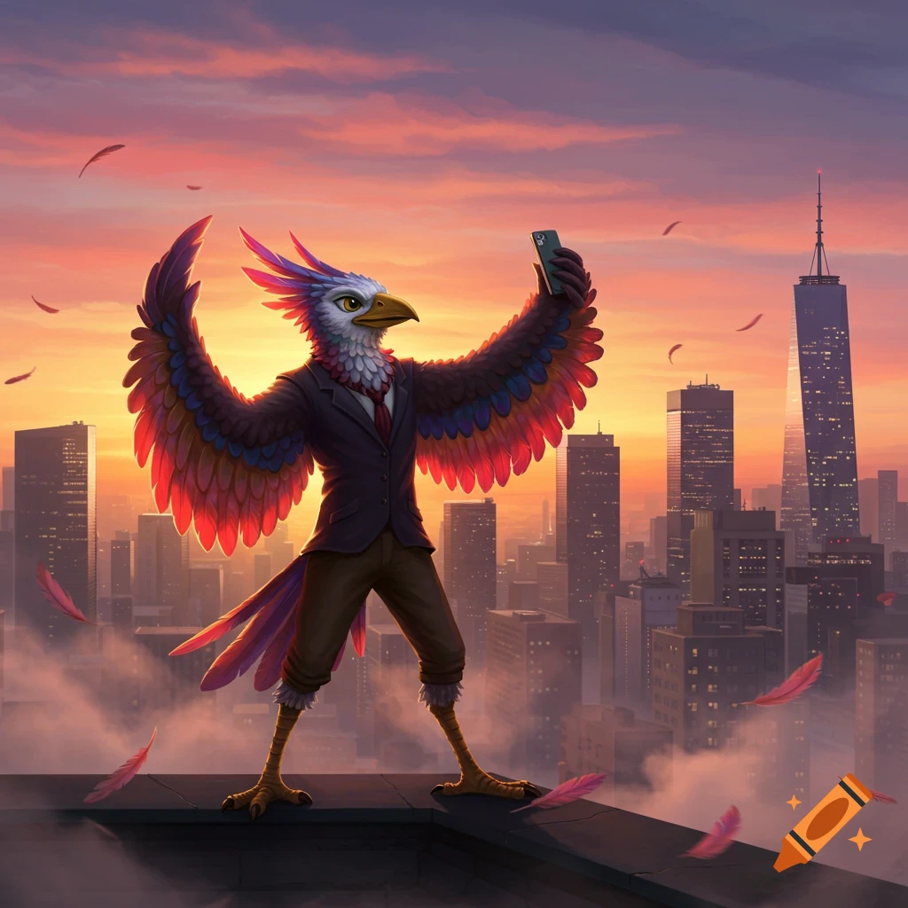 An anthropomorphic bird in a suit takes a selfie on a city rooftop at sunset with a vibrant sky and cityscape.
