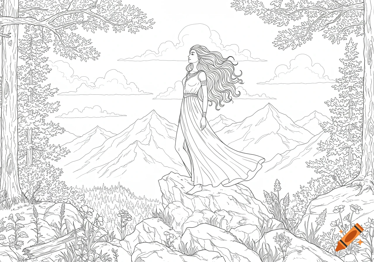A detailed black and white coloring book illustration of a woman in a flowing dress standing on a mountain peak surrounded by trees and mountains.