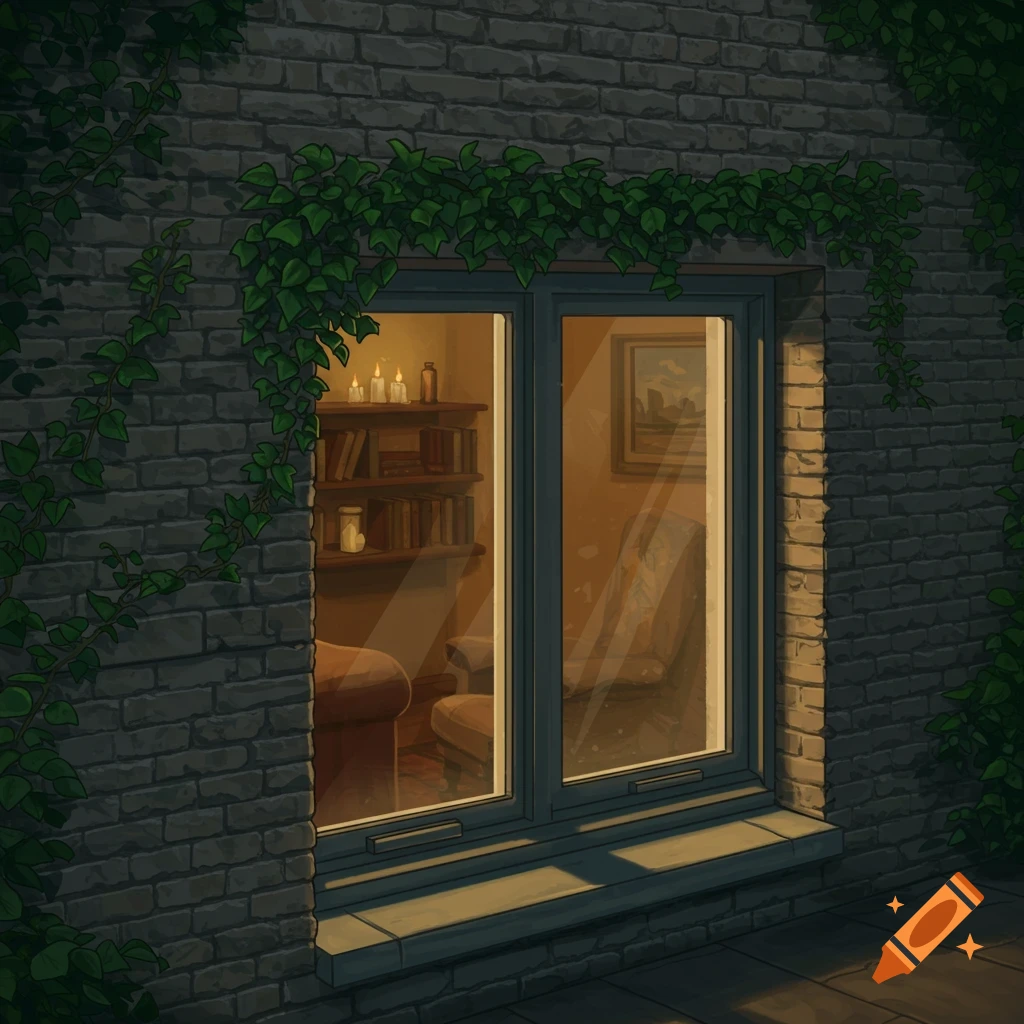 A nighttime view of a window in a brick wall, revealing a cozy illuminated room with bookshelves and candles inside.