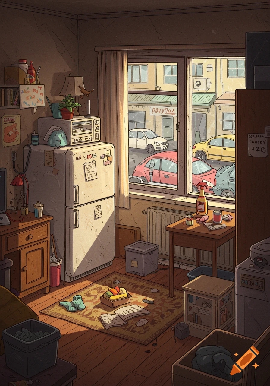 A cluttered, cartoon-style apartment room with a large window looking out onto a busy city street with cars and buildings.