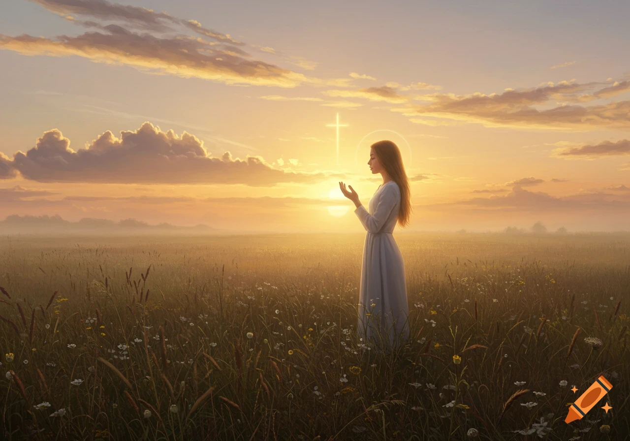 A young woman with a halo prays in a sunlit field at sunrise, with a glowing cross in the sky. Realistic painting.