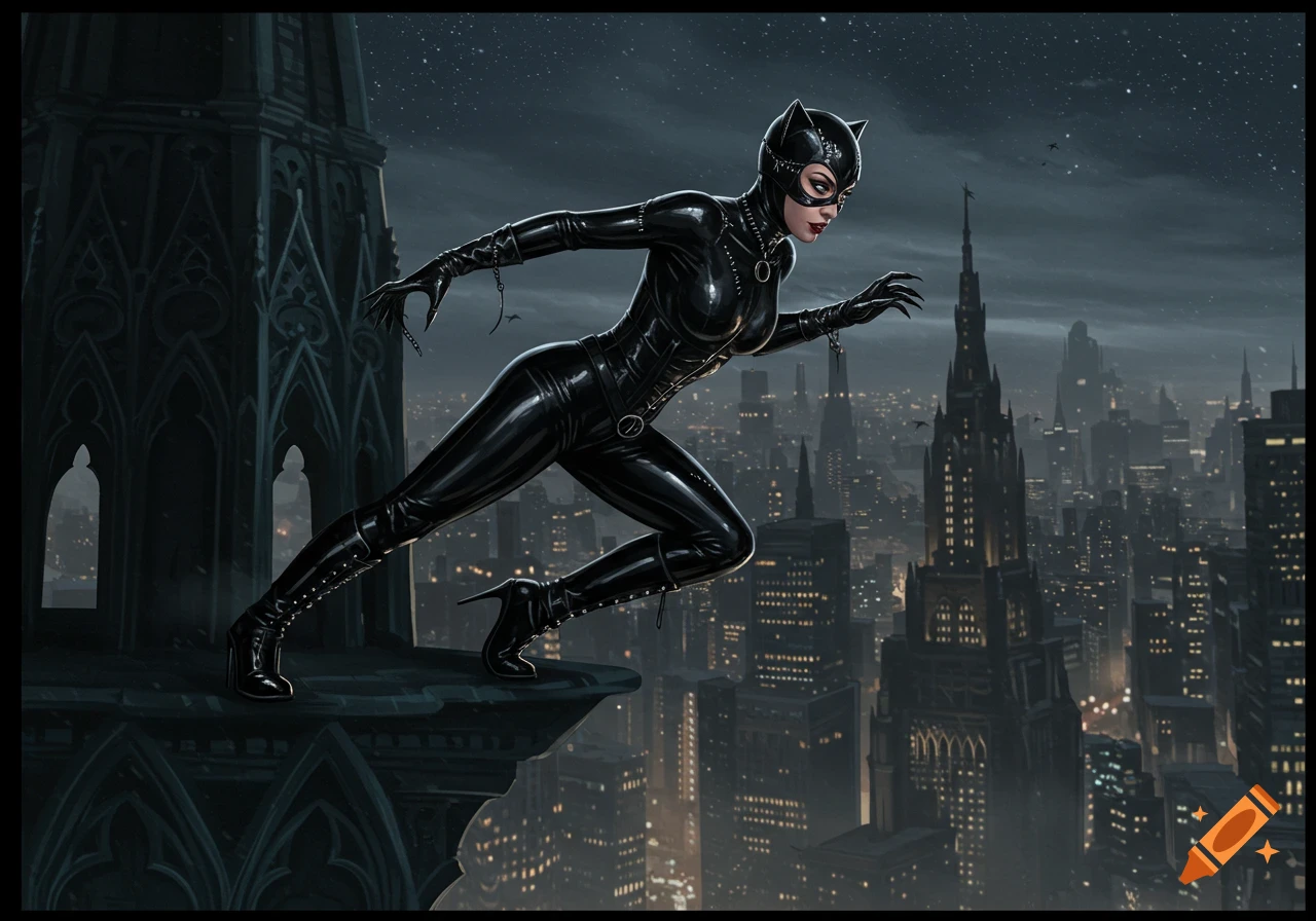 Catwoman in a black catsuit crouching on a gothic rooftop overlooking a dark, sprawling city skyline at night.