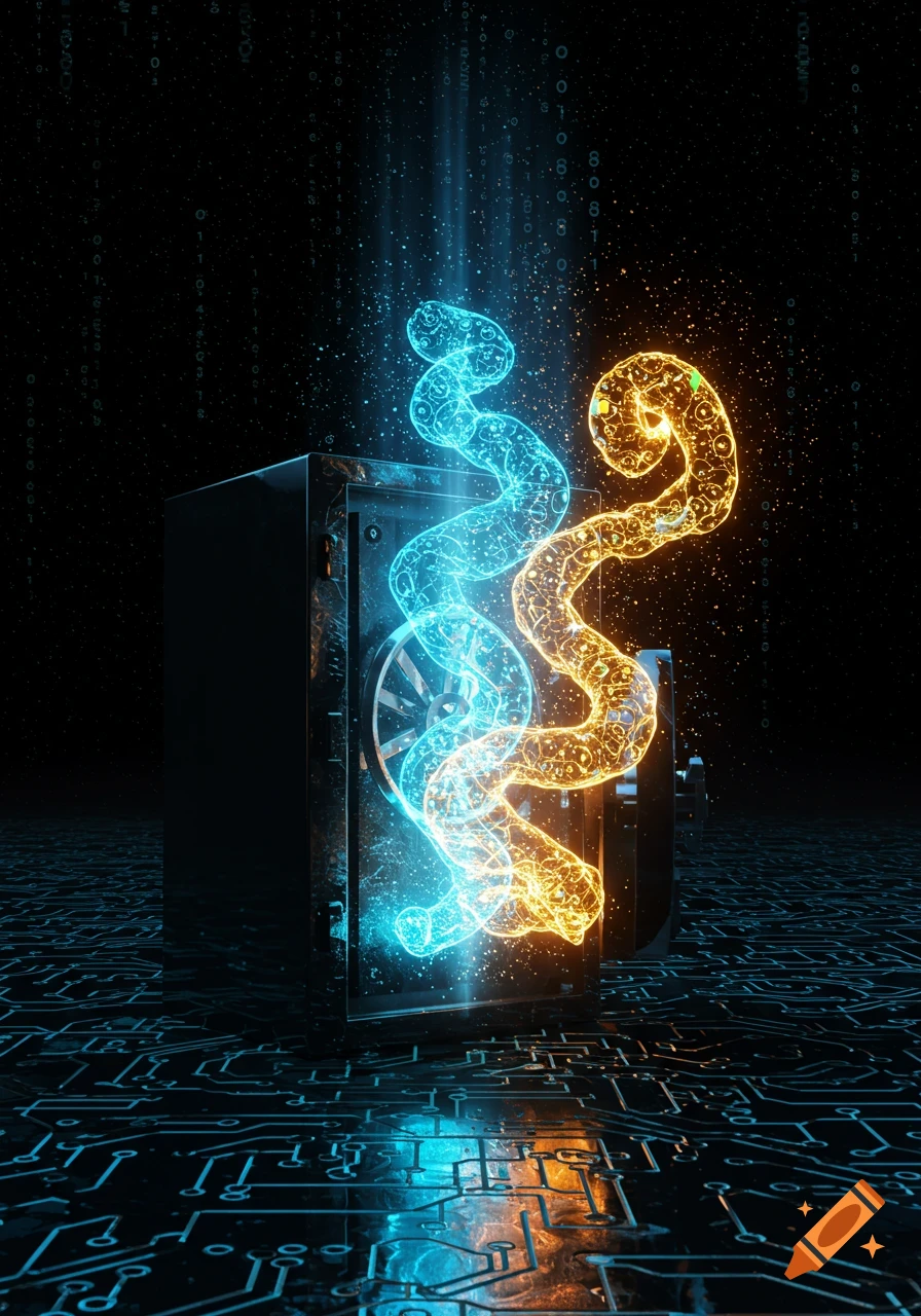 A safe emitting glowing blue and orange data streams on a circuit board background with binary code.