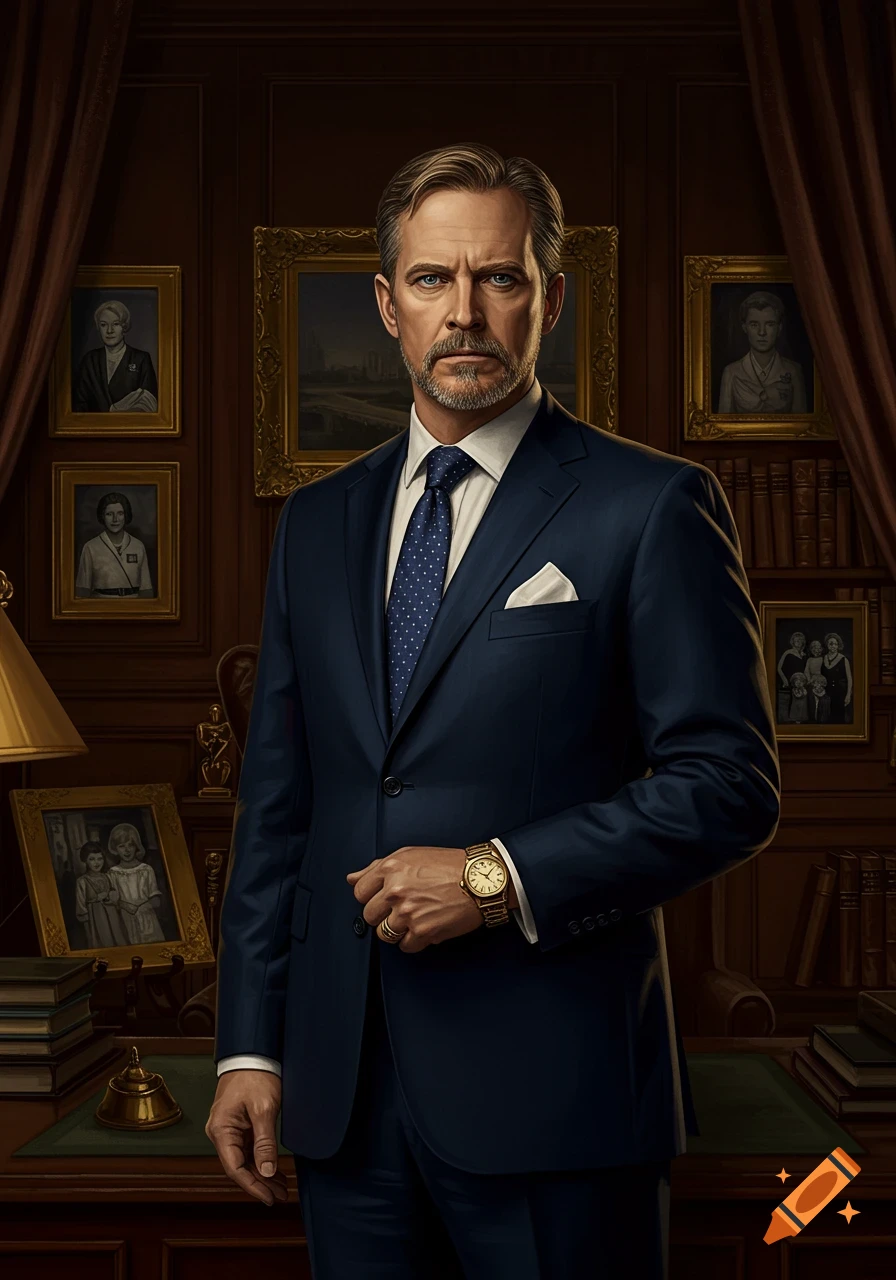 A stern, gray-haired man in a dark blue suit stands in a richly decorated office, with paintings and books in the background.