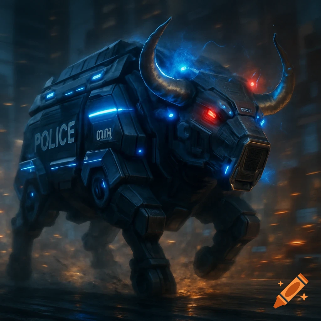 A dark blue robotic bull with police lights and text on its side charges through a futuristic city at night.
