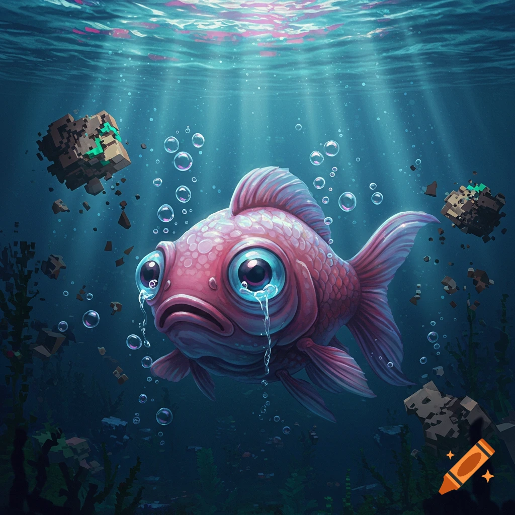 A sad, pink cartoon fish with large eyes cries underwater amidst bubbles and blocky debris, illuminated by sun rays from above.