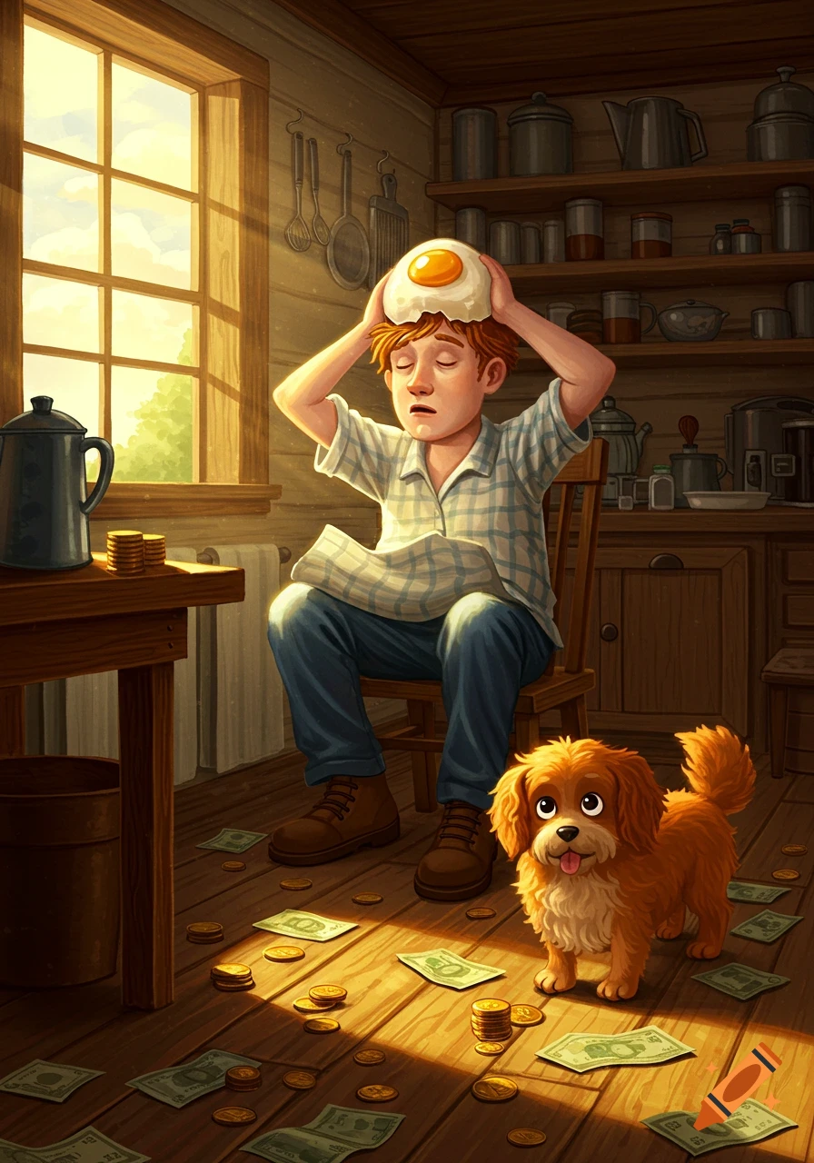 A man with a cracked egg on his head sits in a rustic kitchen, while a small brown dog stands among money scattered on the wooden floor.