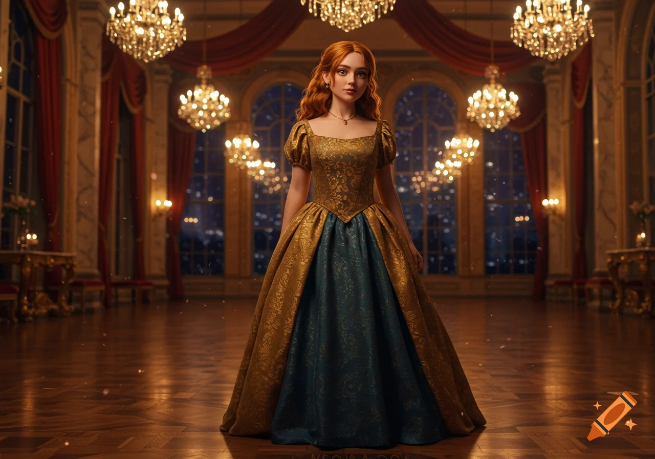 A photorealistic depiction of a red-haired woman in a gold and teal ball gown standing in a grand ballroom.