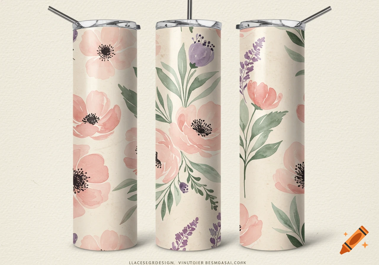 Three watercolor floral patterned tumblers with pink flowers, green leaves, and lavender stems on a cream background.