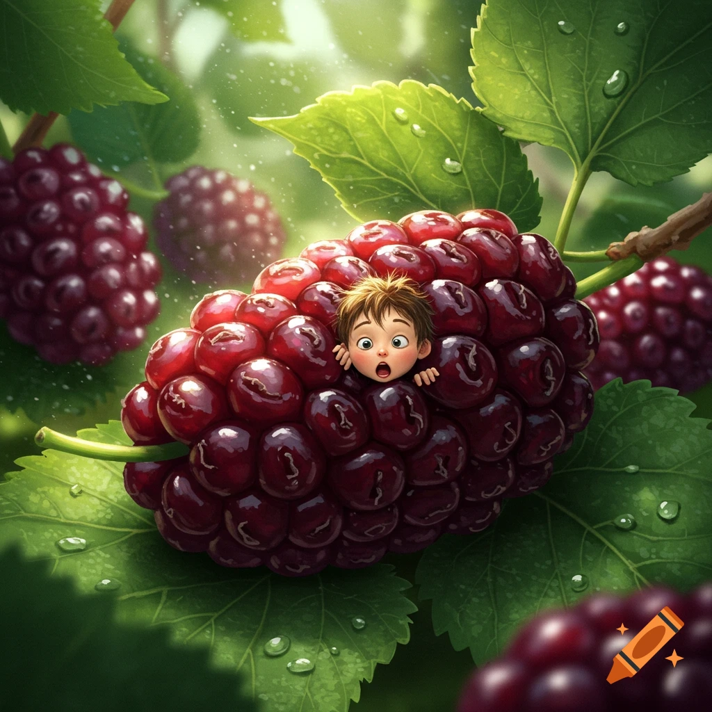 A tiny, wide-eyed cartoon boy peeks out from a giant, ripe mulberry fruit surrounded by green leaves with water droplets.