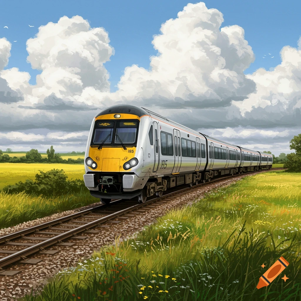 A modern passenger train, white and yellow, travels on tracks through a green and yellow field under a blue sky with white clouds in an illustrative style.