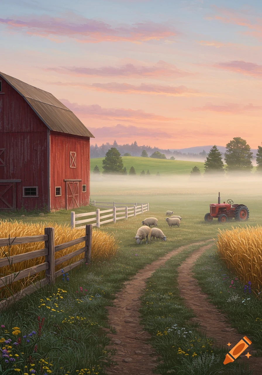 A picturesque farm scene at sunrise with a red barn, golden fields, grazing sheep, a dirt path, and a red tractor under a colorful sky.