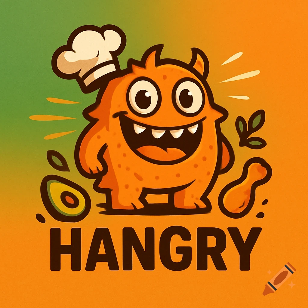An orange, friendly cartoon monster wearing a chef's hat, with an avocado slice and chicken drumstick. Below, the word "HANGRY" in bold letters. Logo style.