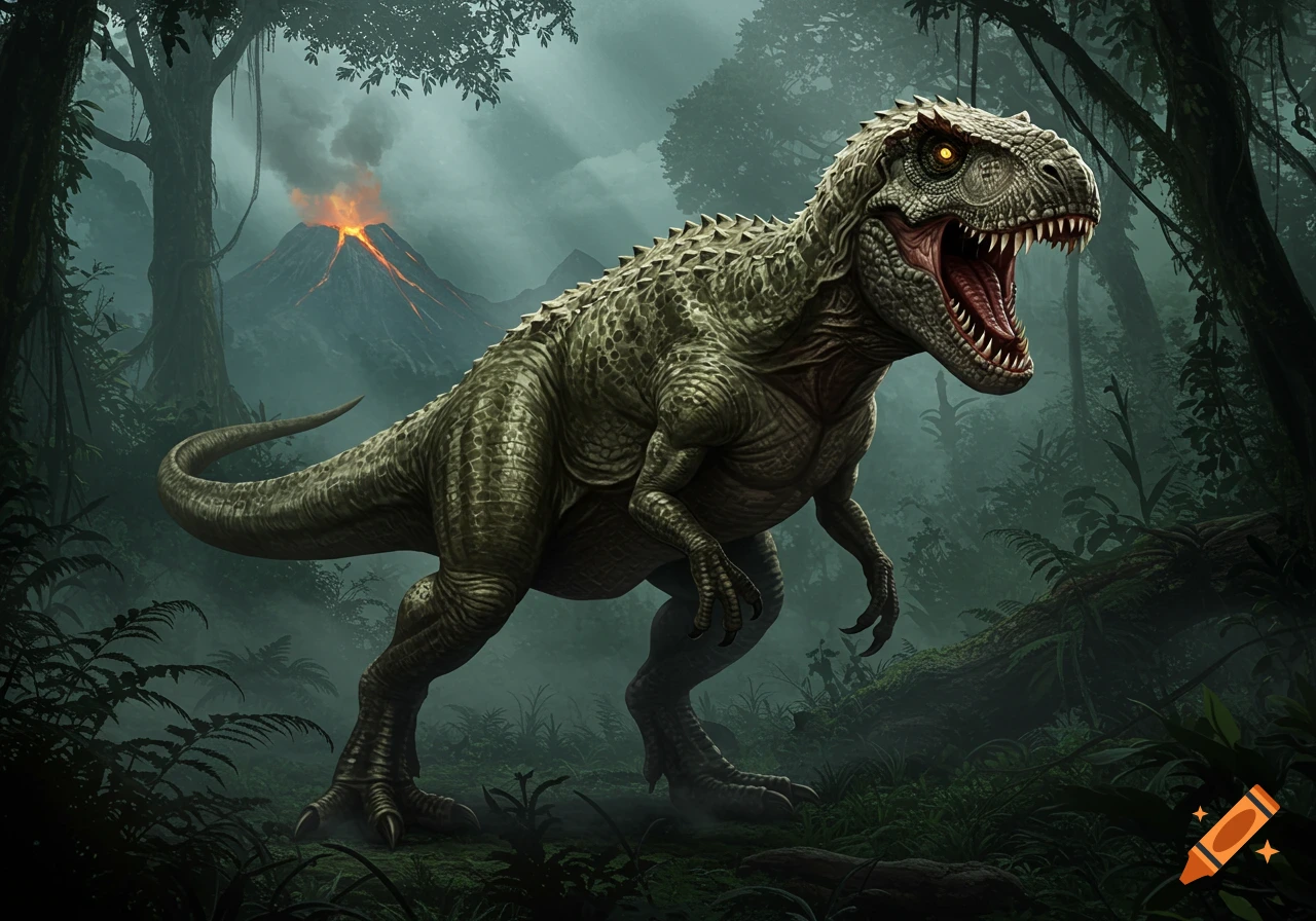 A fierce dinosaur with glowing eyes stands in a misty jungle as a volcano erupts in the background, photorealistic style.