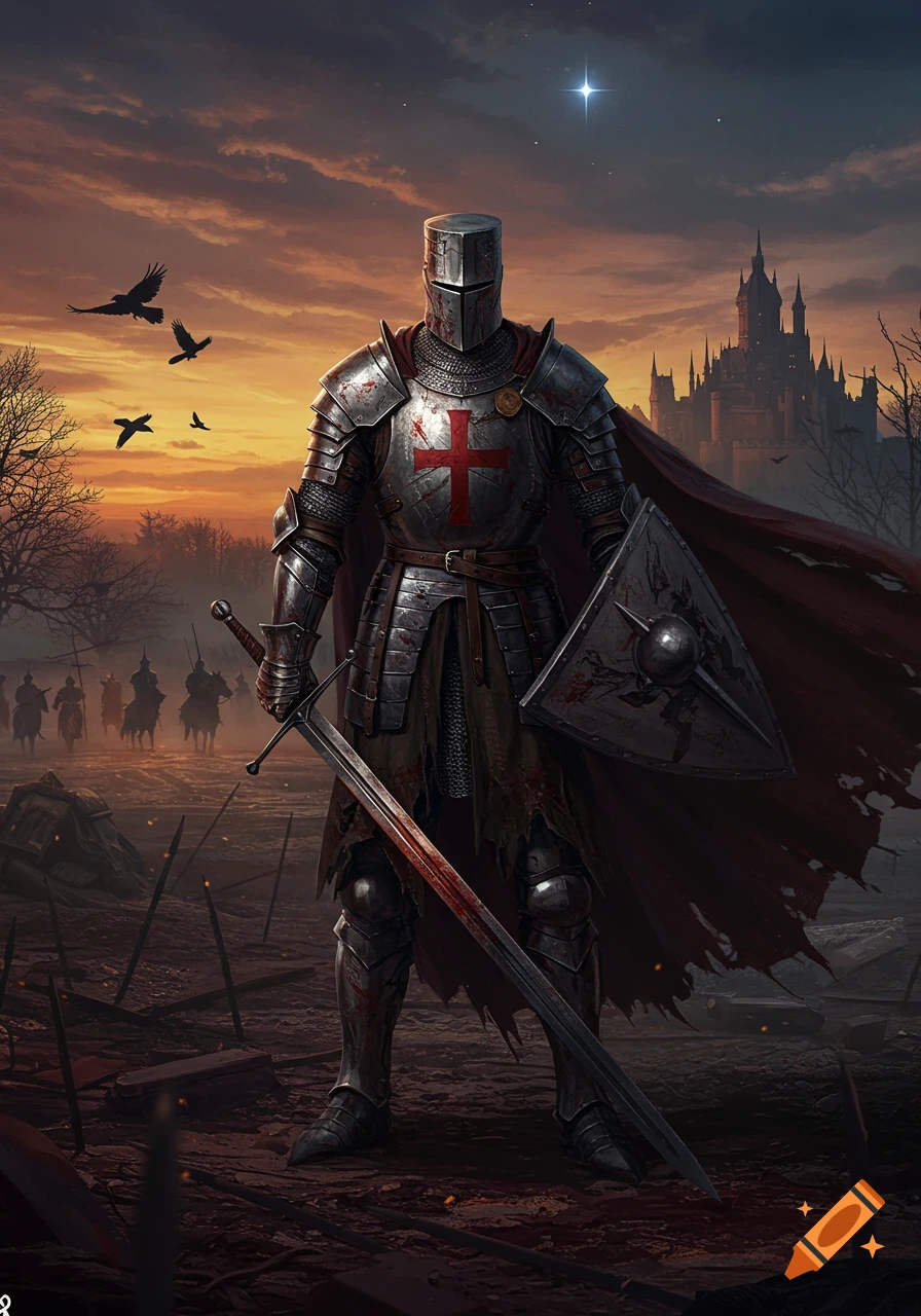 A medieval knight in battle-damaged armor stands on a desolate battlefield at dusk, holding a great sword and shield. A castle looms in the distance, and ravens fly overhead.