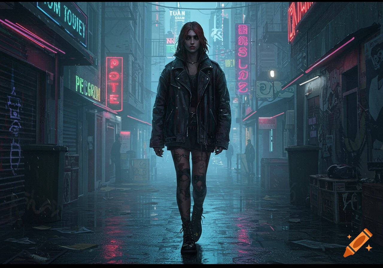A mysterious woman with red hair and a leather jacket walks alone down a rainy, neon-lit cyberpunk city street at night.