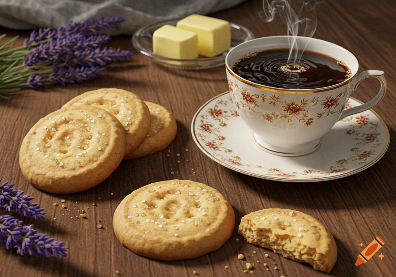 Still life of shortbread cookies with sugar sprinkles, a steaming cup of coffee, butter, and lavender sprigs on a wooden table.