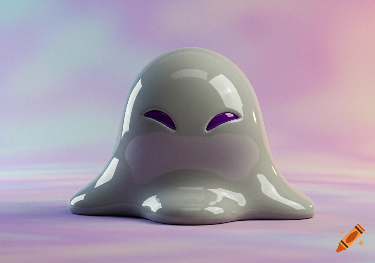 A grey, glossy, humanoid blob with purple slitted eyes sits against a pastel purple and blue gradient background.