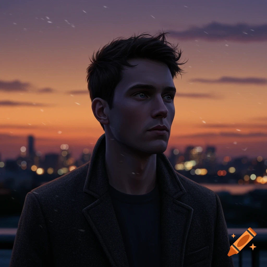 A young man with dark hair looks to the right against a vibrant sunset over a blurred city skyline.