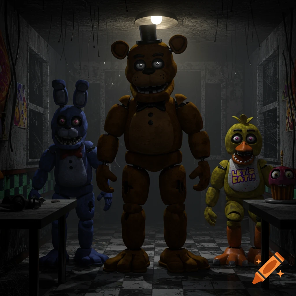 Three animatronics, Freddy, Bonnie, and Chica, stand in a dark, abandoned pizzeria. Chica's bib reads "LET'S EAT!!!".