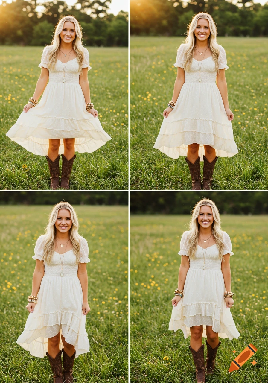 Smiling woman in white dress and cowgirl boots poses in a sunny field with yellow flowers, multiple views.