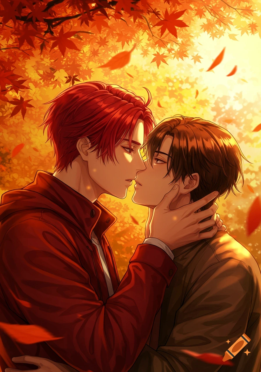 Two anime men with red and brown hair lean in for a kiss amidst a warm, sunlit autumn forest with falling orange leaves.