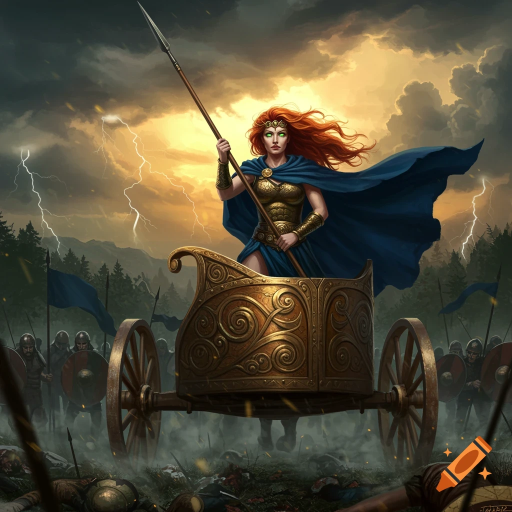 A red-haired warrior in gold armor and a blue cape stands in a golden chariot, holding a spear on a stormy battlefield.