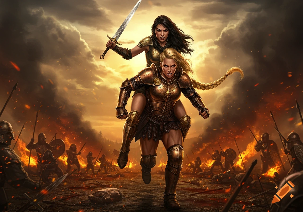 Two female warriors, one on the other's shoulders, run through a fiery battlefield with spears and smoke, in a dramatic fantasy style.