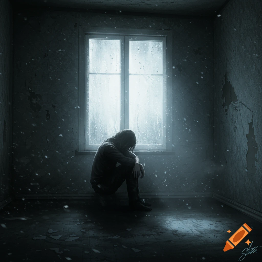 A person sits huddled in a dark, decaying room, illuminated by light from a grimy window, with dust or snow particles in the air.