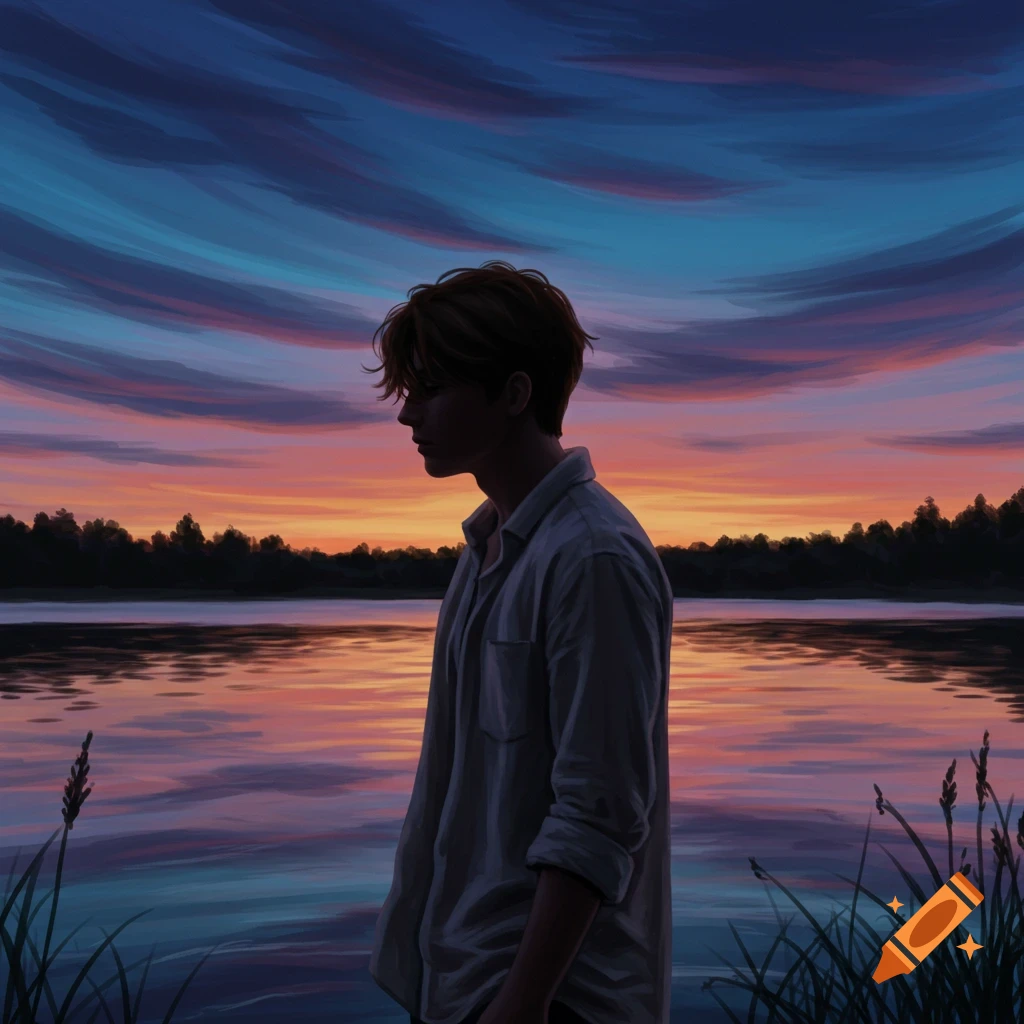 An illustrated person stands by a serene lake at sunset, looking away from the viewer. The sky and water glow with warm orange, purple, and blue tones.