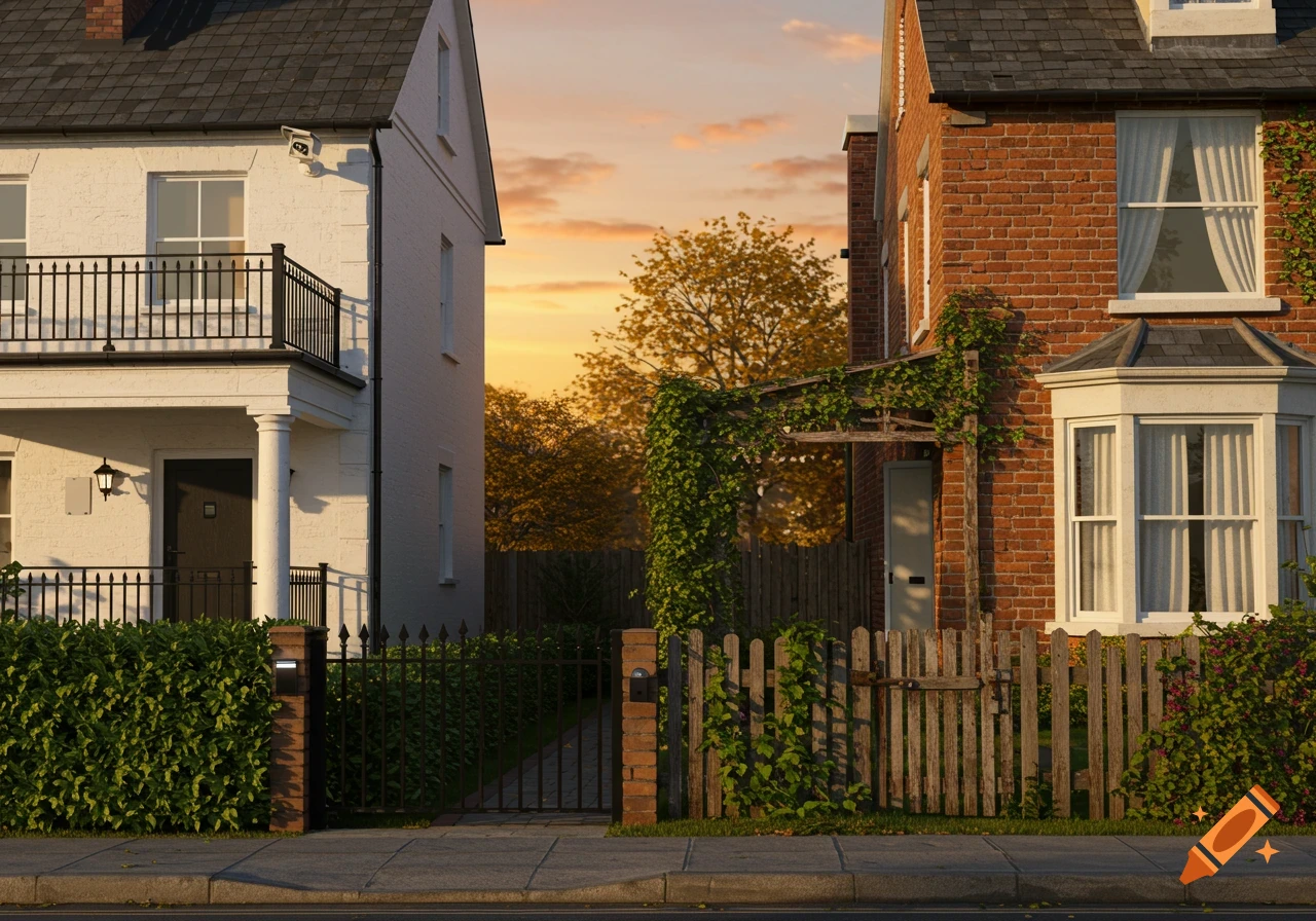 Two photorealistic houses, one white and one brick, with fences and a pathway between them, at sunset.