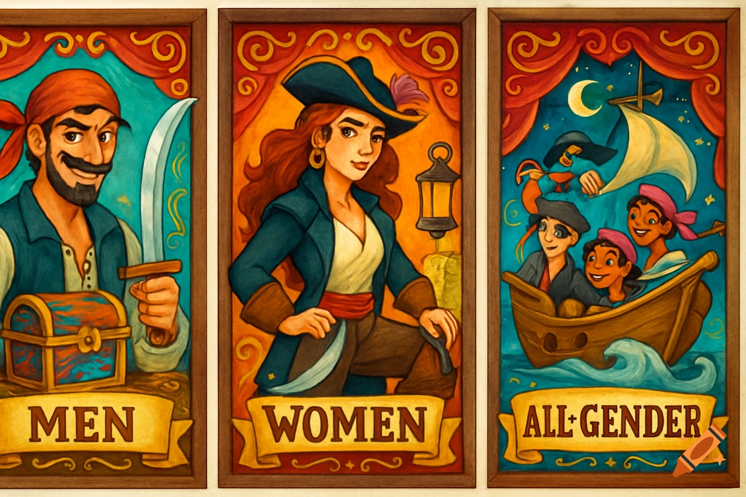Three illustrative pirate-themed bathroom signs for men, women, and all-gender, featuring cartoon pirates and a boat.