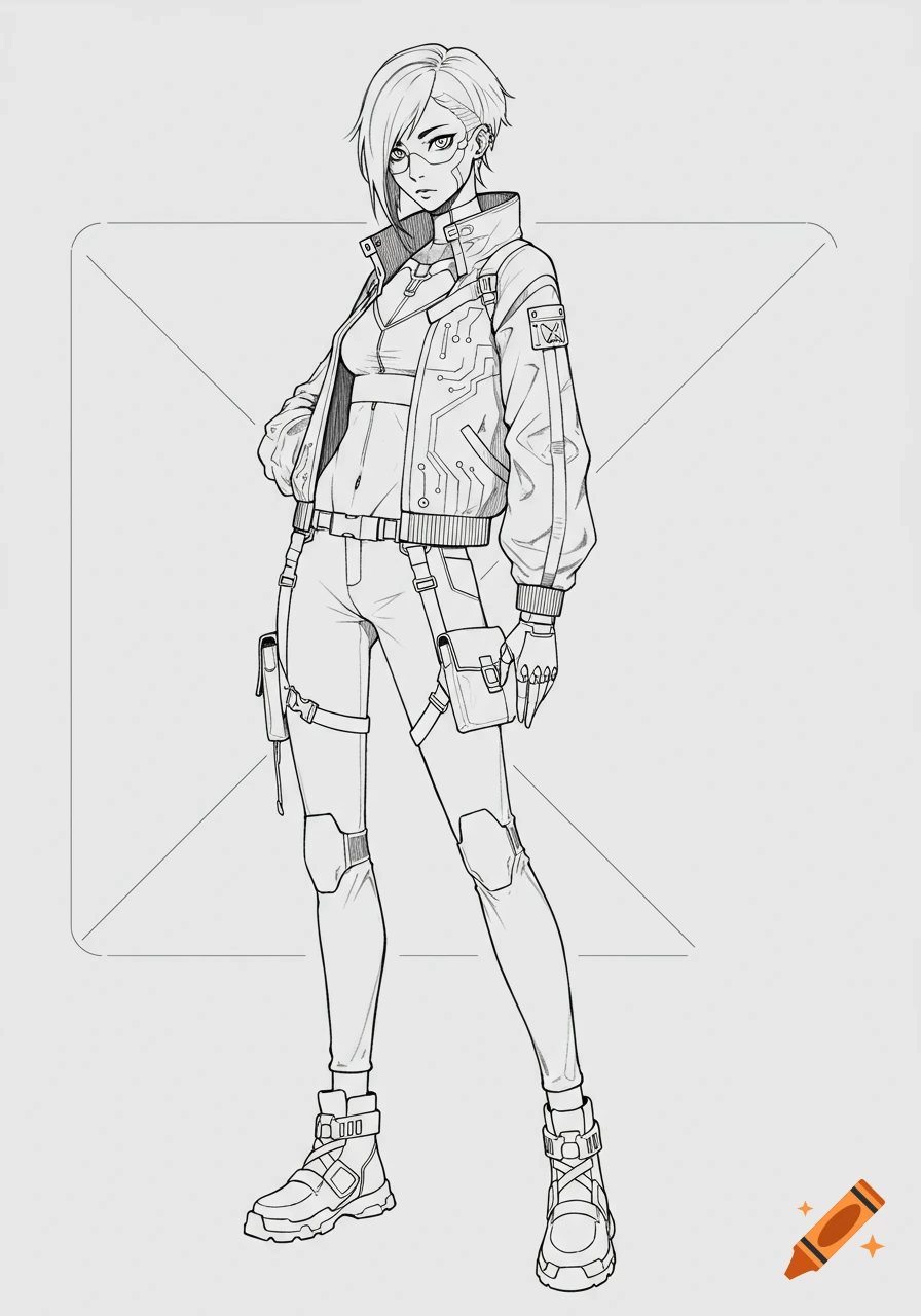 Full-body line art of an anime girl with an asymmetric bob and glasses, wearing a techwear outfit.