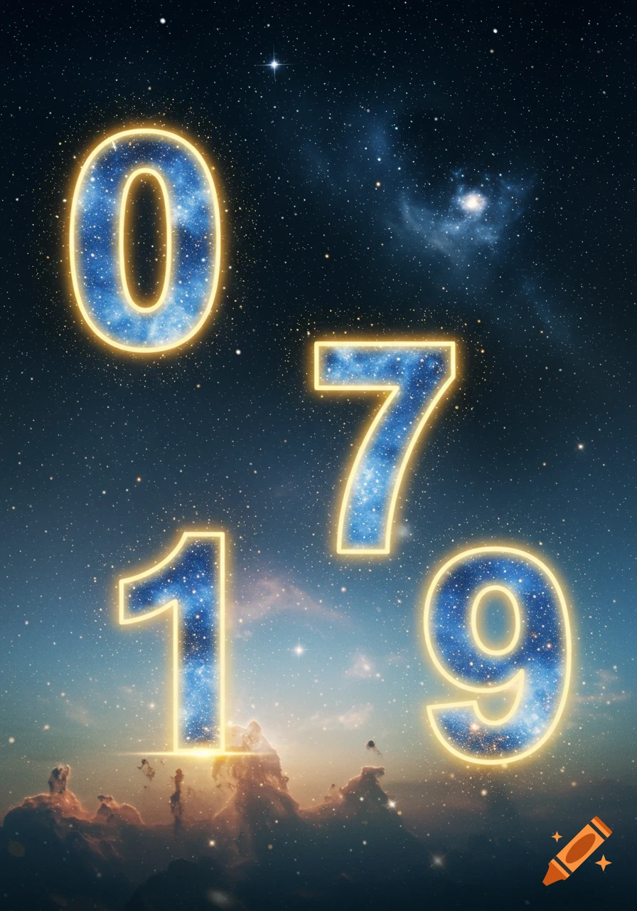 Glowing blue numbers 0, 7, 1, 9 against a starry night sky with ethereal clouds below.