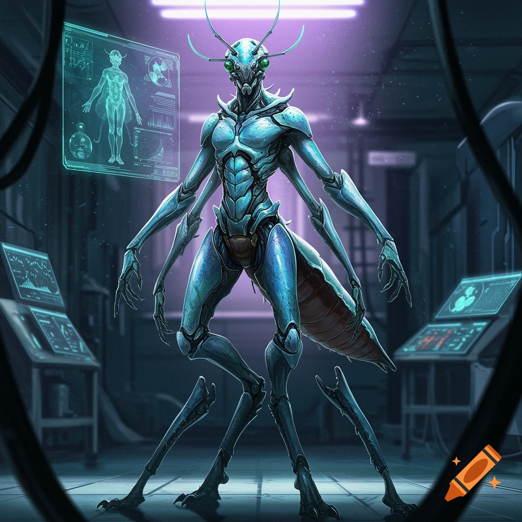 A blue, multi-limbed humanoid insect creature stands in a futuristic lab with holographic screens.