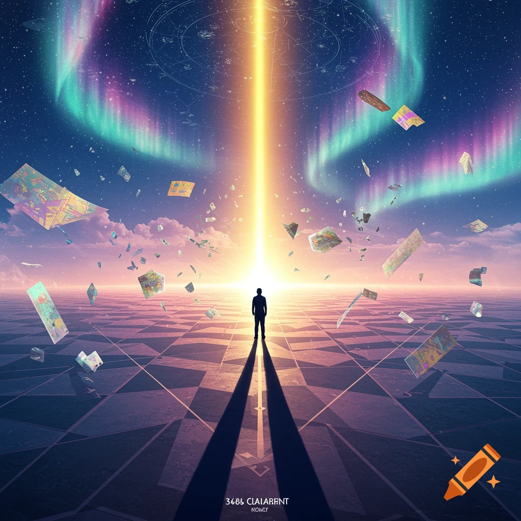 A silhouetted figure stands on a checkered ground under a cosmic sky with aurora borealis, a light beam, and floating shattered objects.
