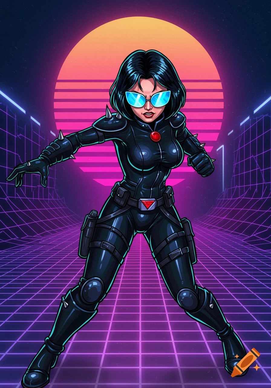Stylized illustration of a woman in a black futuristic suit with blue sunglasses, standing in a purple grid retro background with an orange sun.