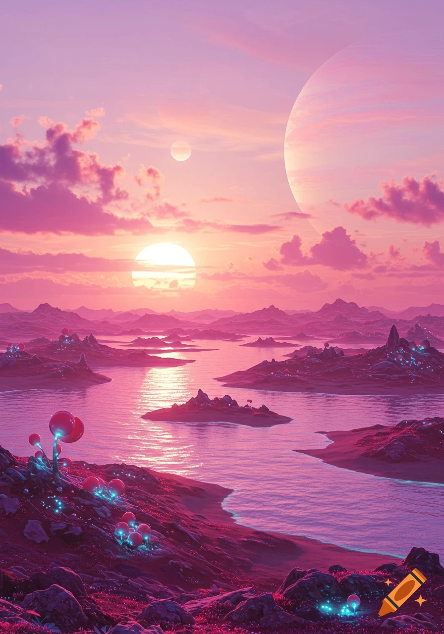 A vibrant pink and purple alien landscape with multiple celestial bodies, water, and glowing flora on a distant planet.