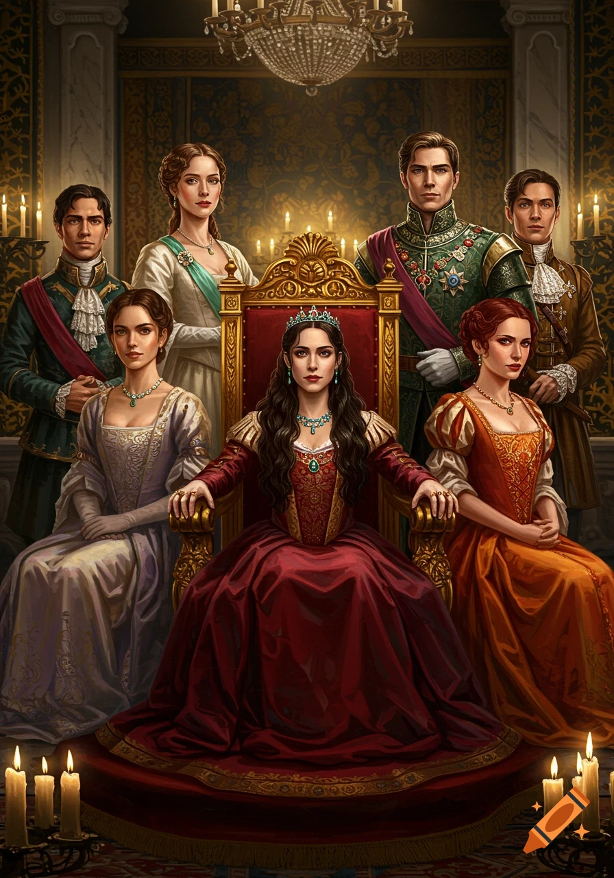 A grand portrait painting of a queen on a throne, surrounded by nobles in a lavish hall lit by candles.